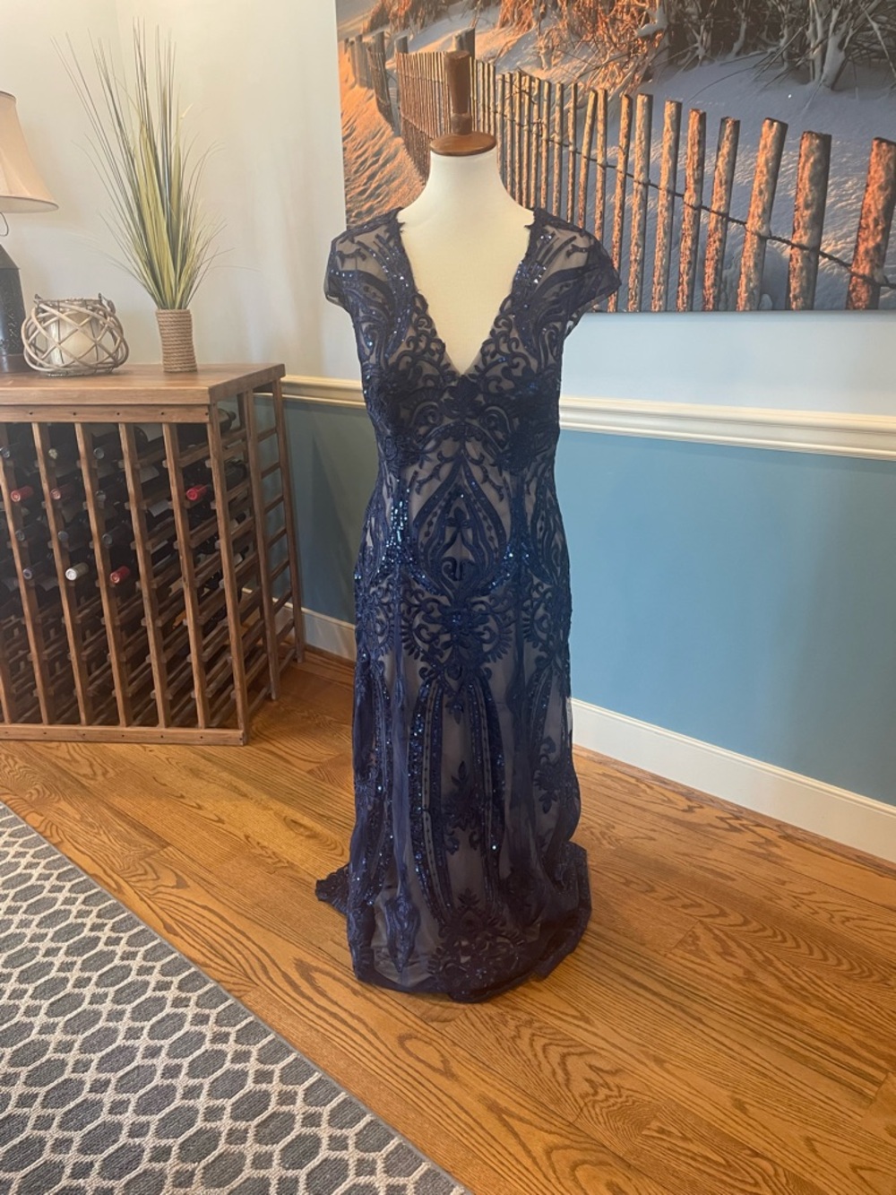 Navy Sequin Lace V-Neck Evening Dress